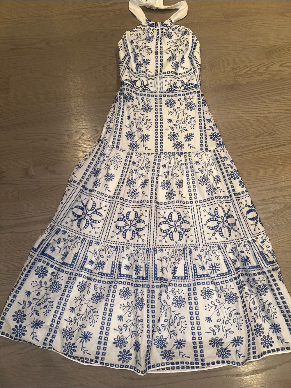 Milly White and Blue Halter Maxi Dress with Floral Tile Print - Picture 3 of 9